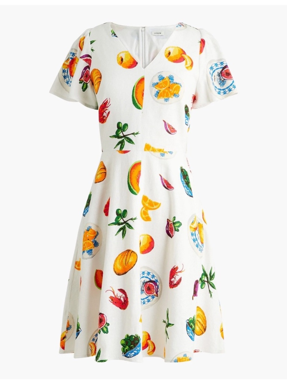 J.CREW Printed Linen-Blend Flutter-Sleeve Mini Dress Picnic Food $128 CK859 Sz S - Picture 8 of 9